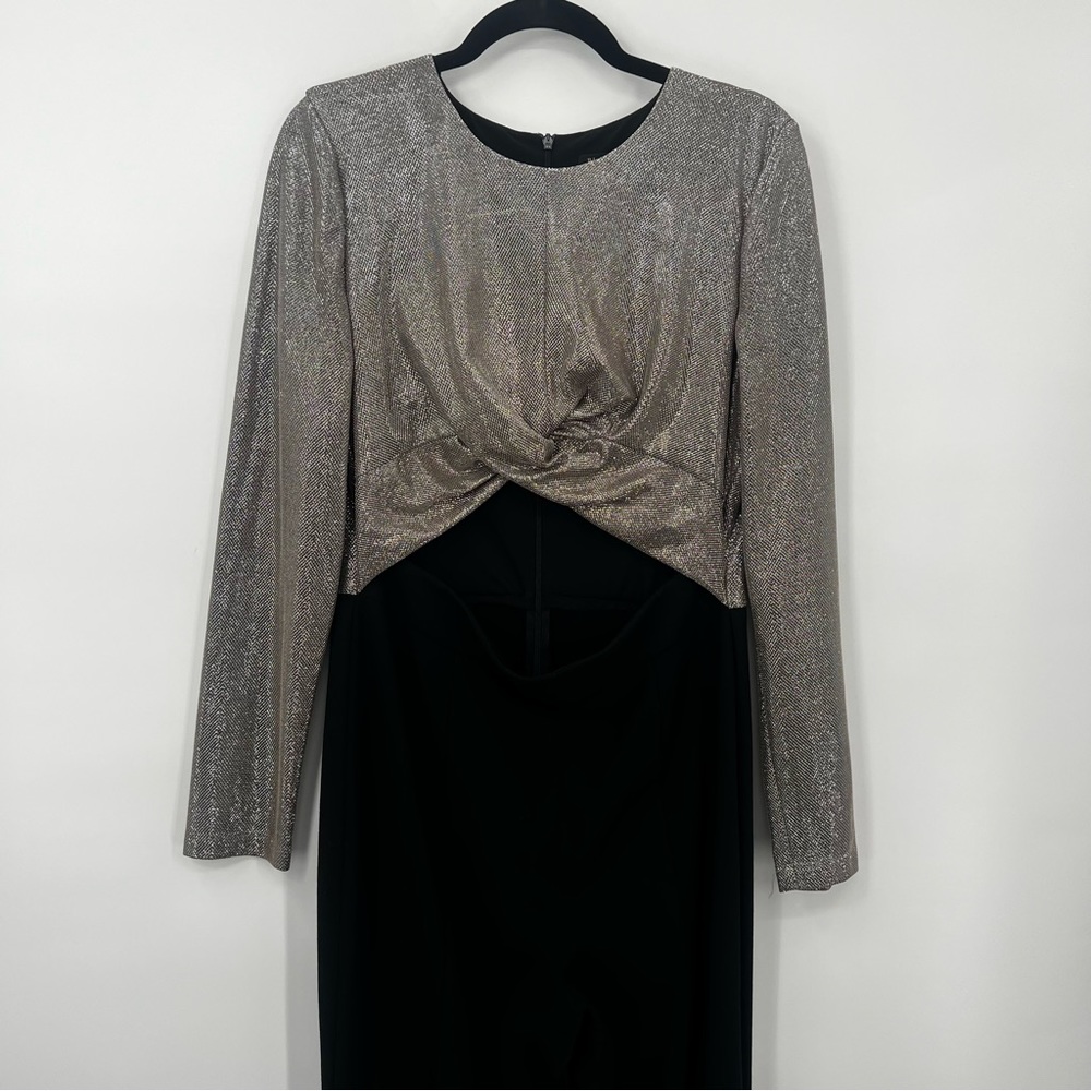 Black Halo Angie Flared Leg Jumpsuit Cutout Metallic Silver Bodice Romper 12 - Picture 13 of 17